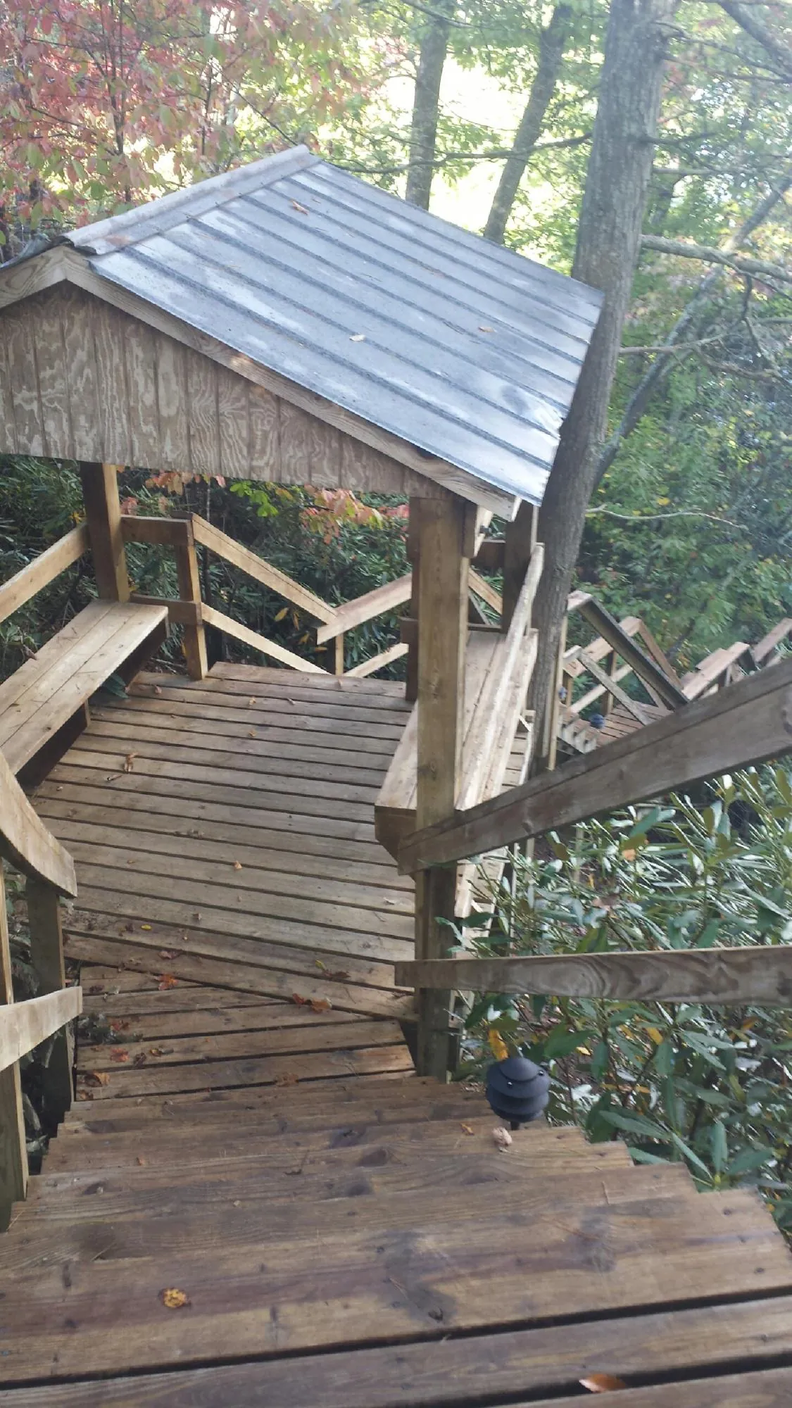 Metal roofed shelter over wooden steps on a wooded walkway — Skylight Repair & Installation work by our crew in Barneveld